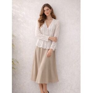 Le Caviar‎ White Lace Romantic Sheer Trim V-Neck Button Up Blouse Shirt Top L